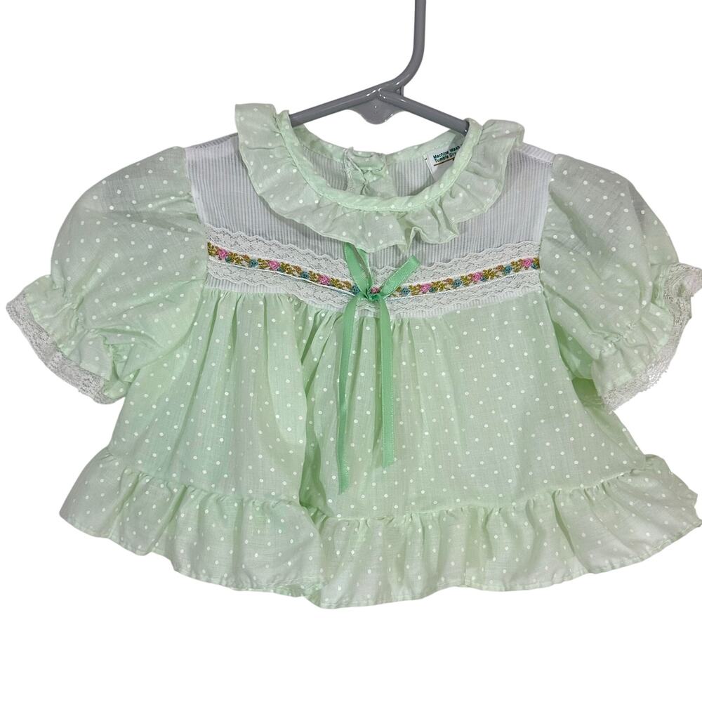 Vintage Toddle Time JcPenney Light Jade Green Dot Ruffle Prairie Baby Dress 6-9M